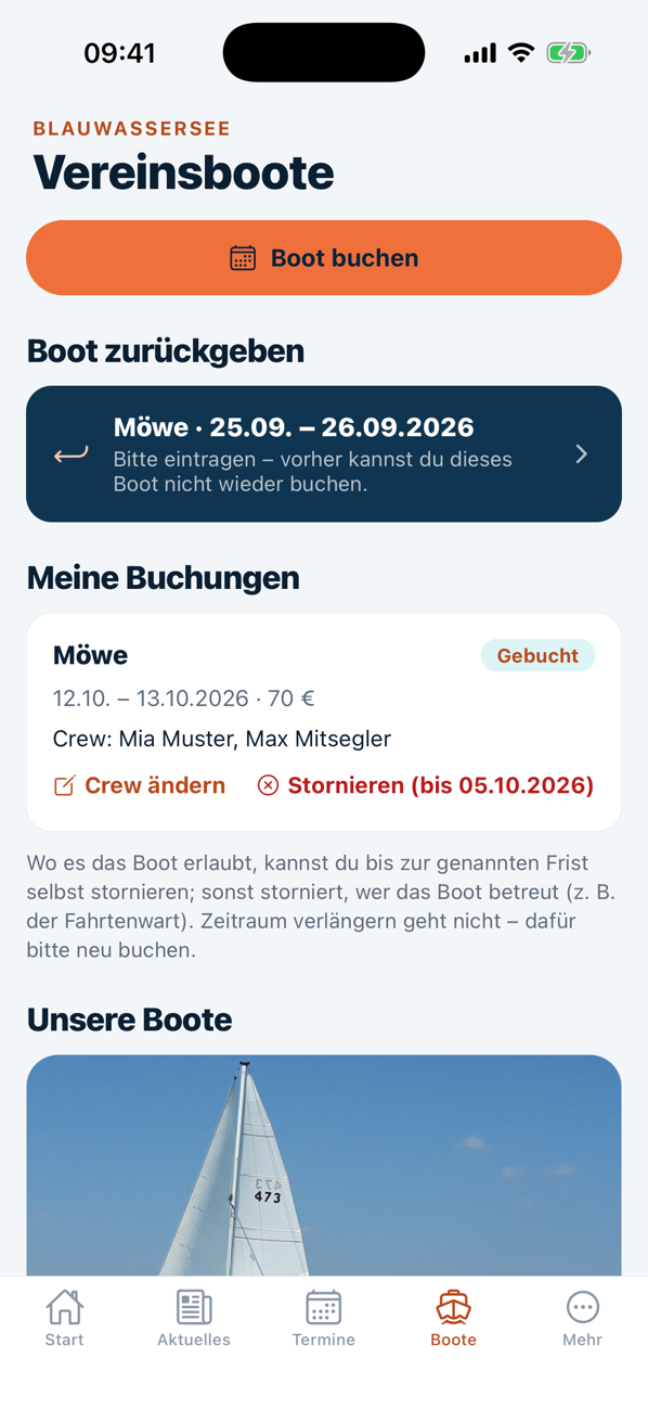 Vereinsboote in der App mit Knopf „Boot buchen“, Rückgabe und eigenen Buchungen