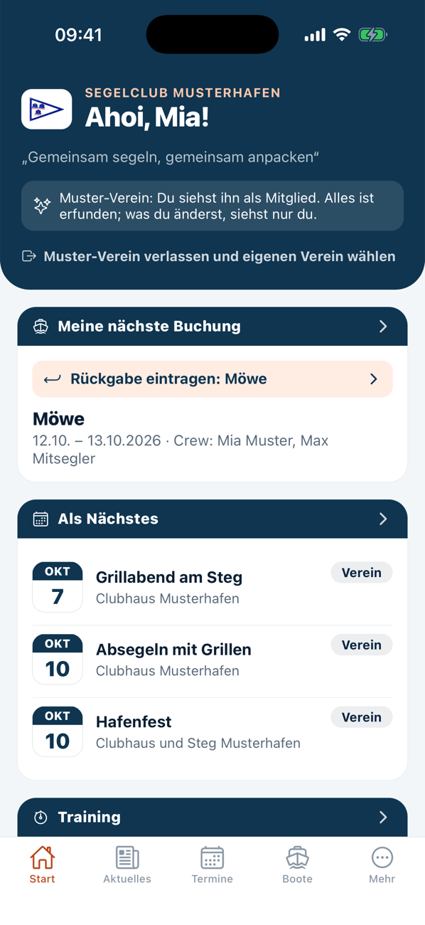 Startseite der App: Begrüßung, nächste Buchung mit Hinweis zur Rückgabe und die nächsten Termine